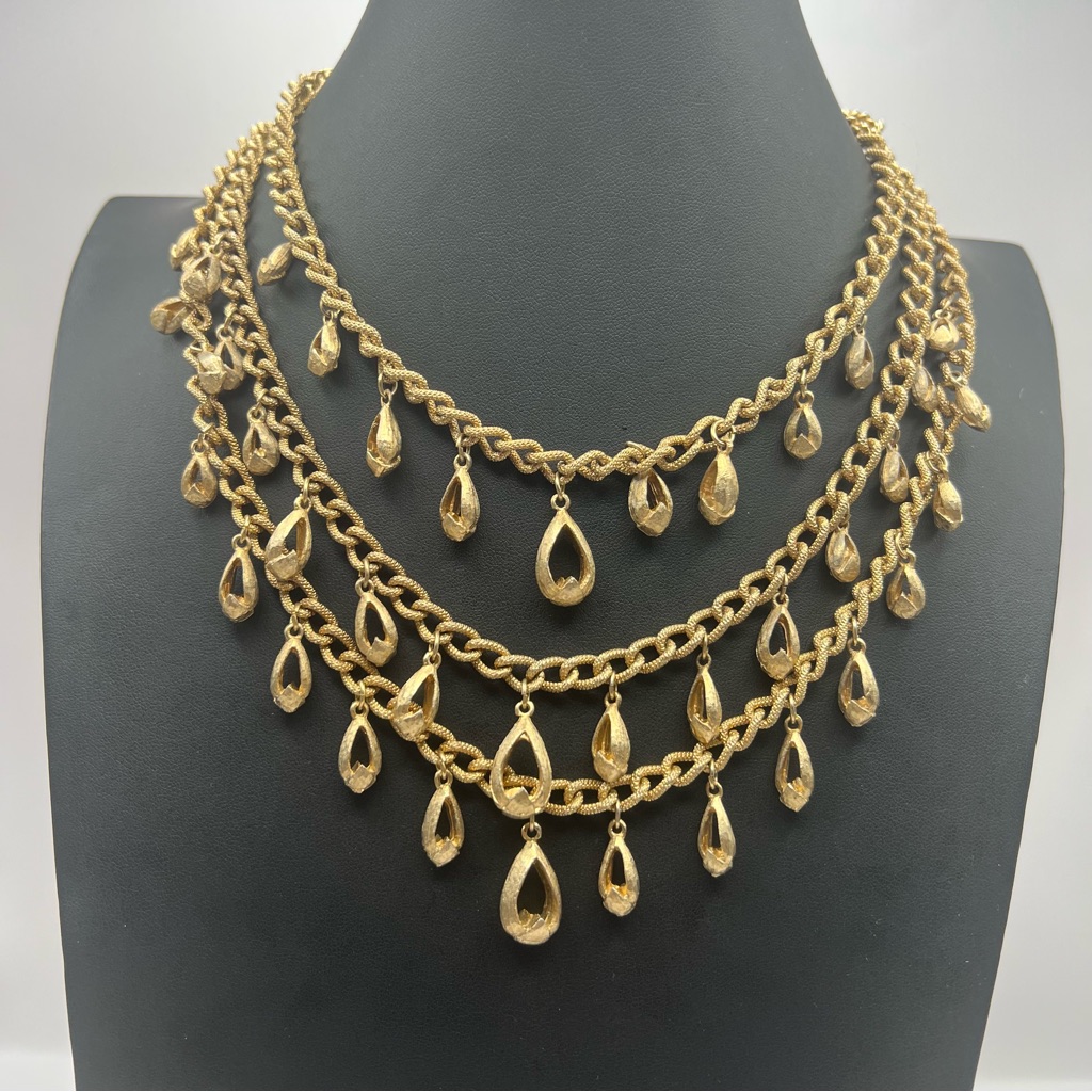 Stunning Multistrand Gold Tone Vintage Marboux Necklace With Dangle Accents